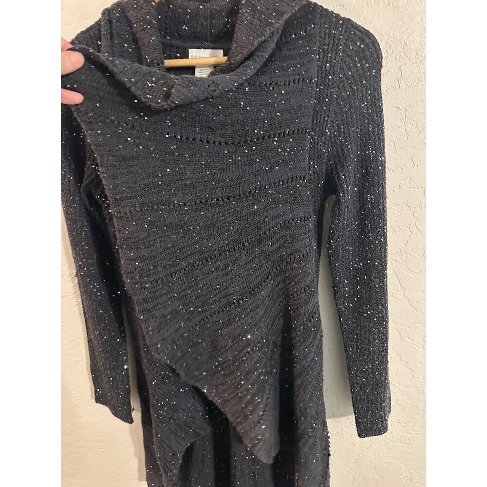Y Soft Surroundings Black Glitter Winter Ruffle Open Cardigan Sweater - Picture 7 of 10